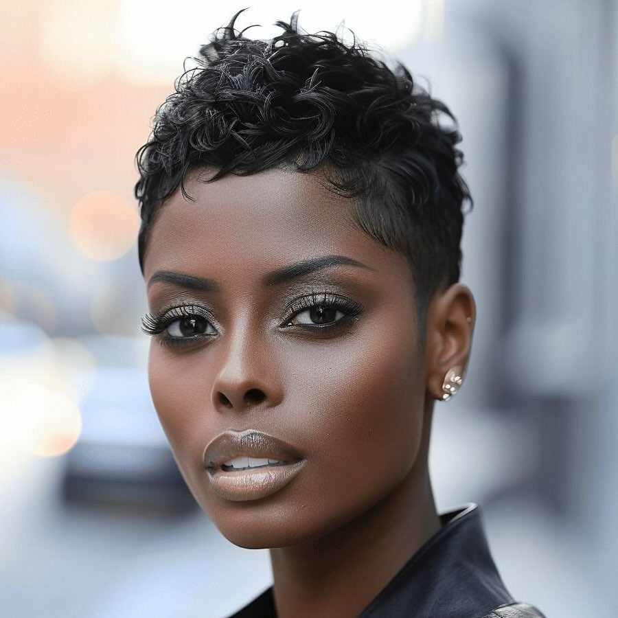 coupe courte pixie avec boucles serrées et définies sur le dessus côtés plus courts et fondus
