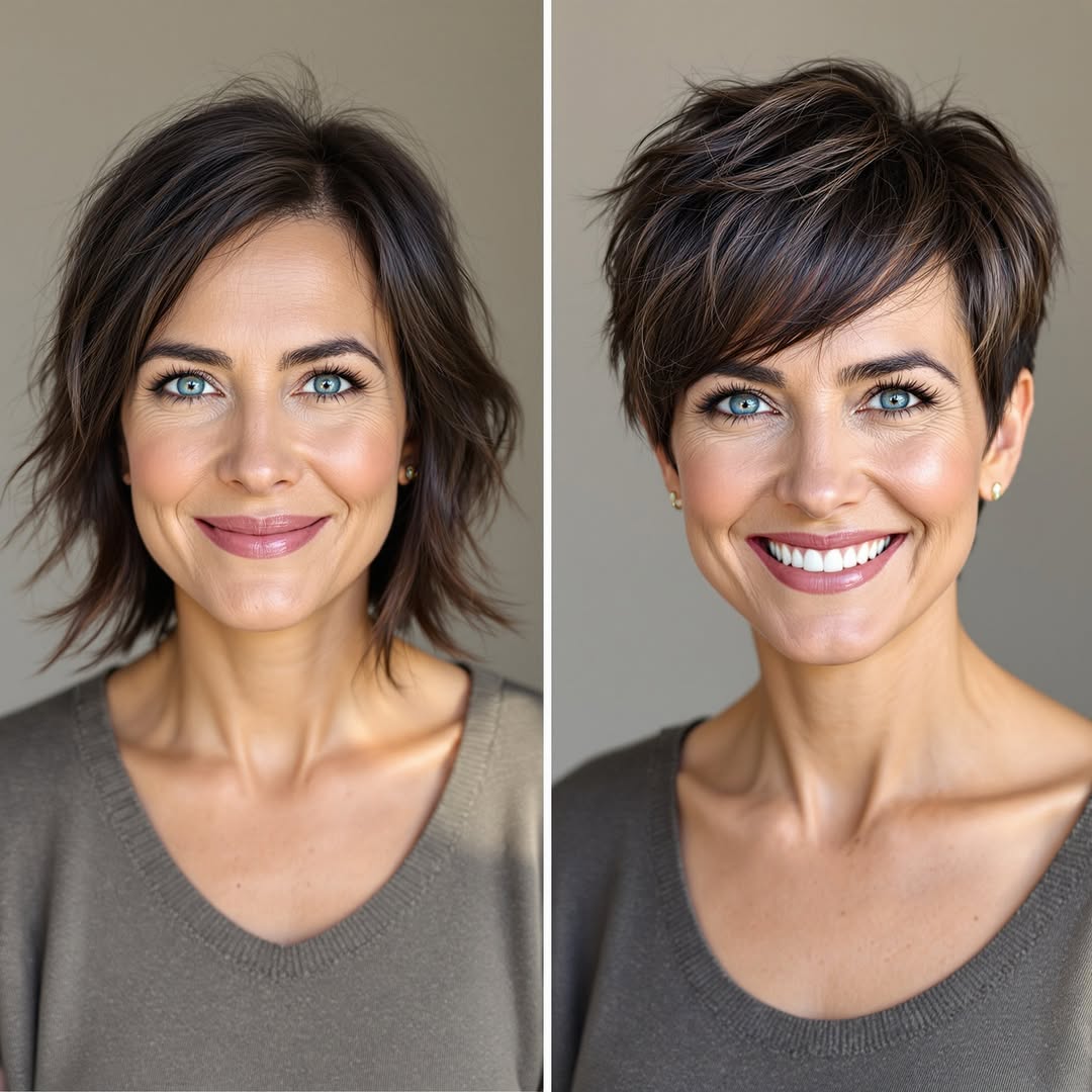 coupe de cheveux avant et après carré mi-court dégradé avec mèches effilées vers coiffure pixie