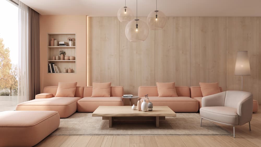 salon moderne aux tons pêche et bois clair ambiance douce et épurée déco minimaliste