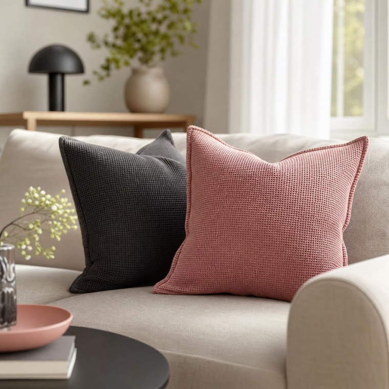 Couleur de l’année 2026 IKEA-des coussins KLOTSTARR en rose Rebel Pink pour décorer le canapé scandinave