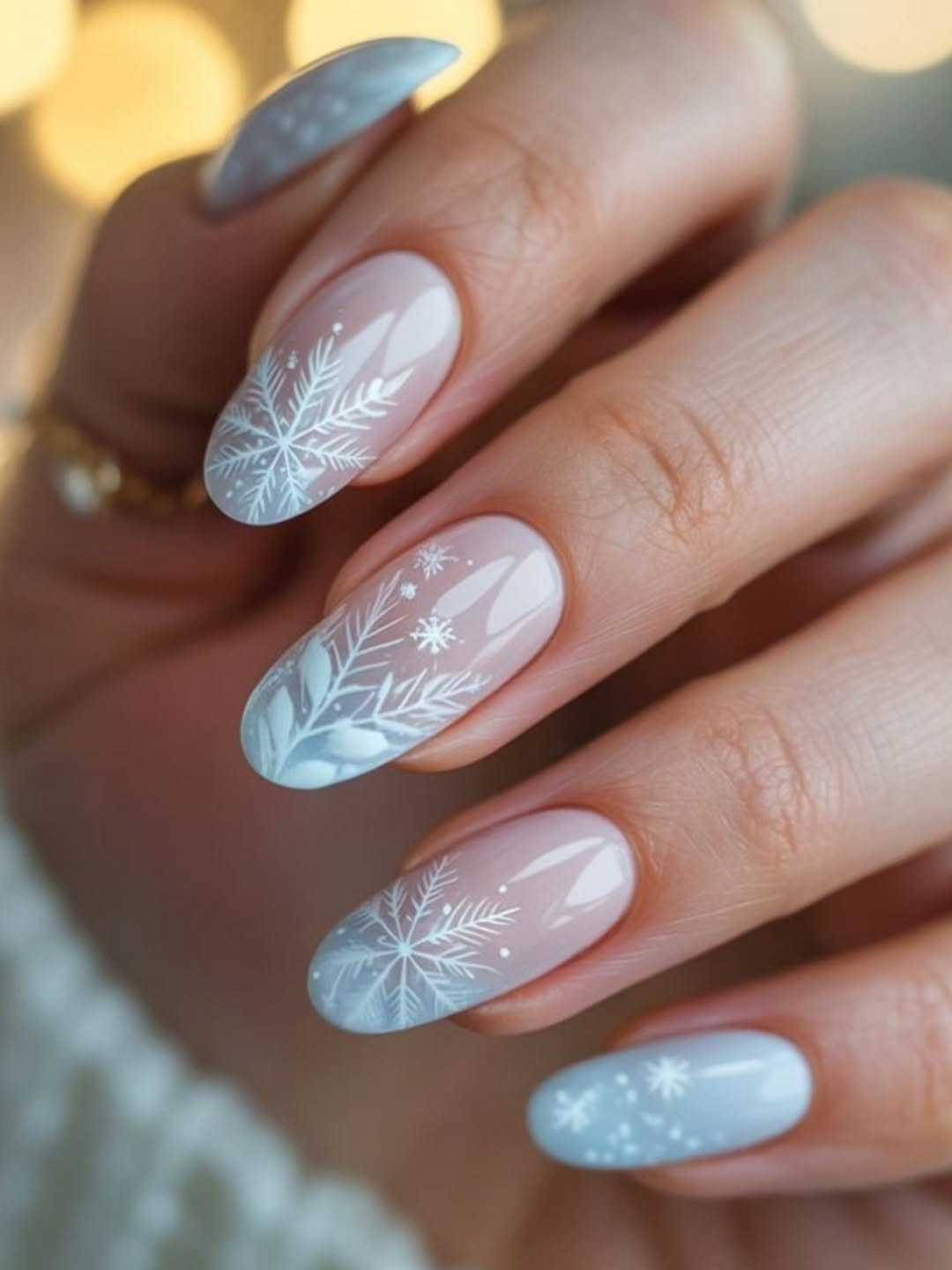 La manucure bleu glacé se marie parfaitement avec les motifs stars de la saison dont les flocons de neige