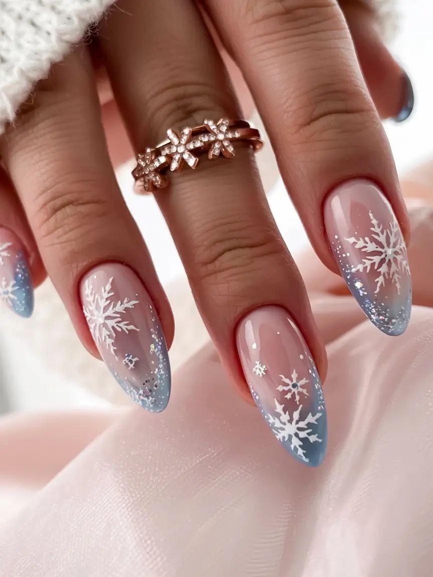 ongles bleu glacier et flocons de neige, manucure hiver tendance