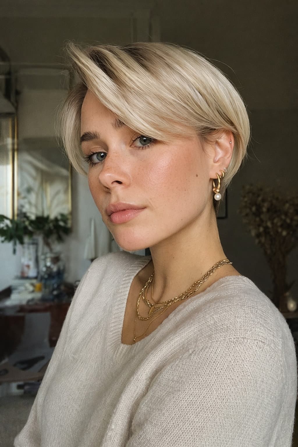 carré court printemps 2026, micro bob tendance sur cheveux blonds
