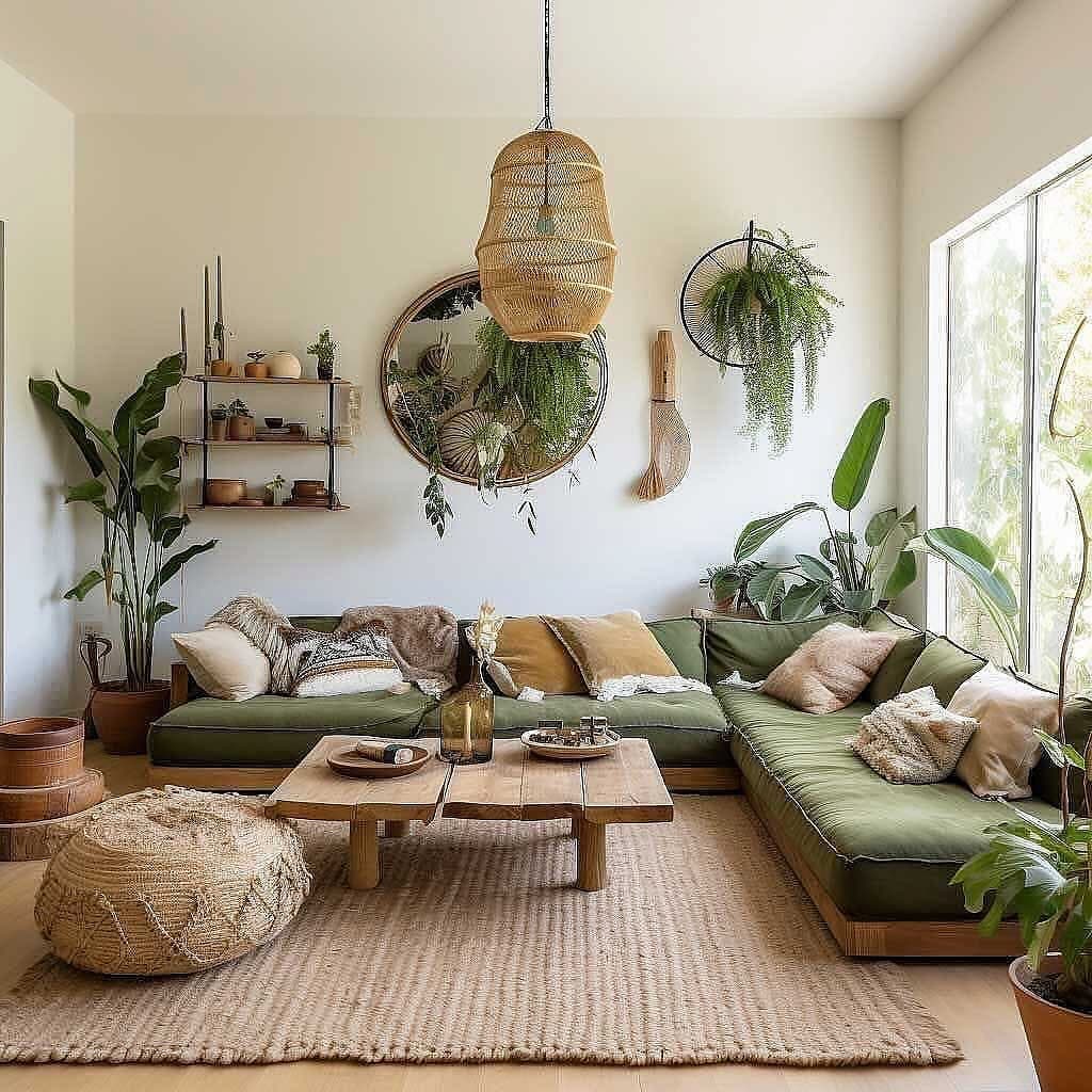 salon afro-bohème lumineux suspension tressée bois naturel coussins texturés