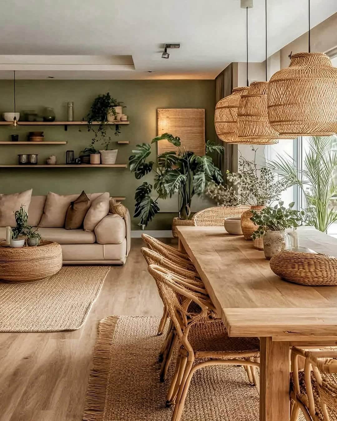 salon et salle à manger afro-bohème élégante rotin tressé bois clair plantes abondantes