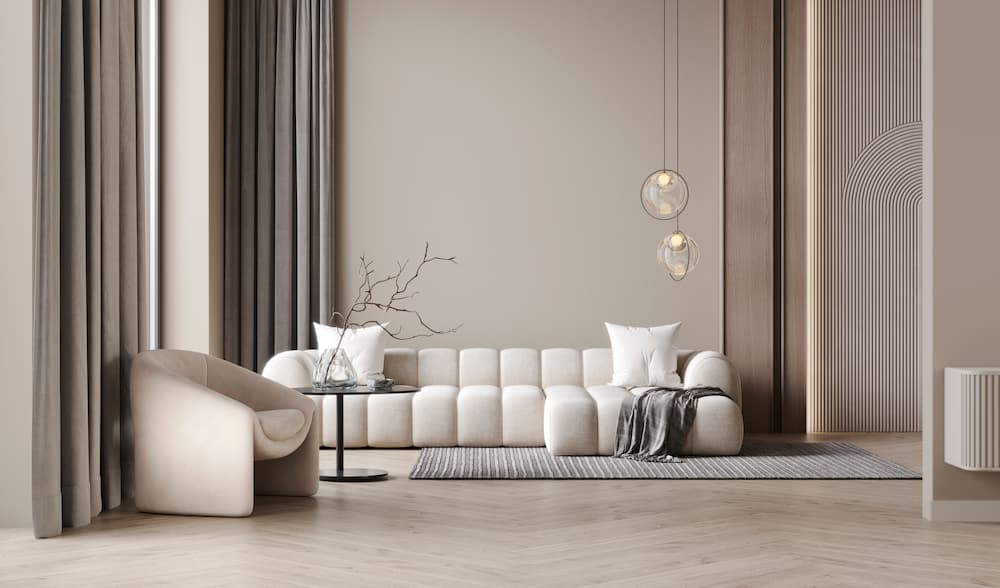 salon minimaliste chic tons beiges formes douces éclairage subtil élégance contemporaine