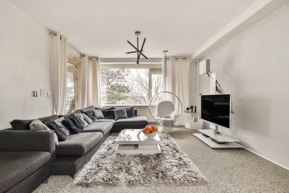 tapis shaggy gris clair salon contemporain monochrome