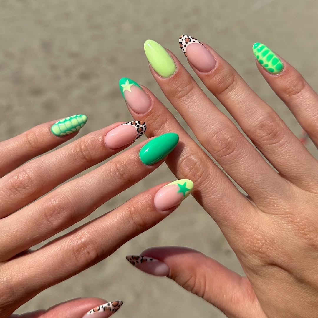 L'imprimé animal est une bonne idée pour dynamiser les ongles vert wasabi