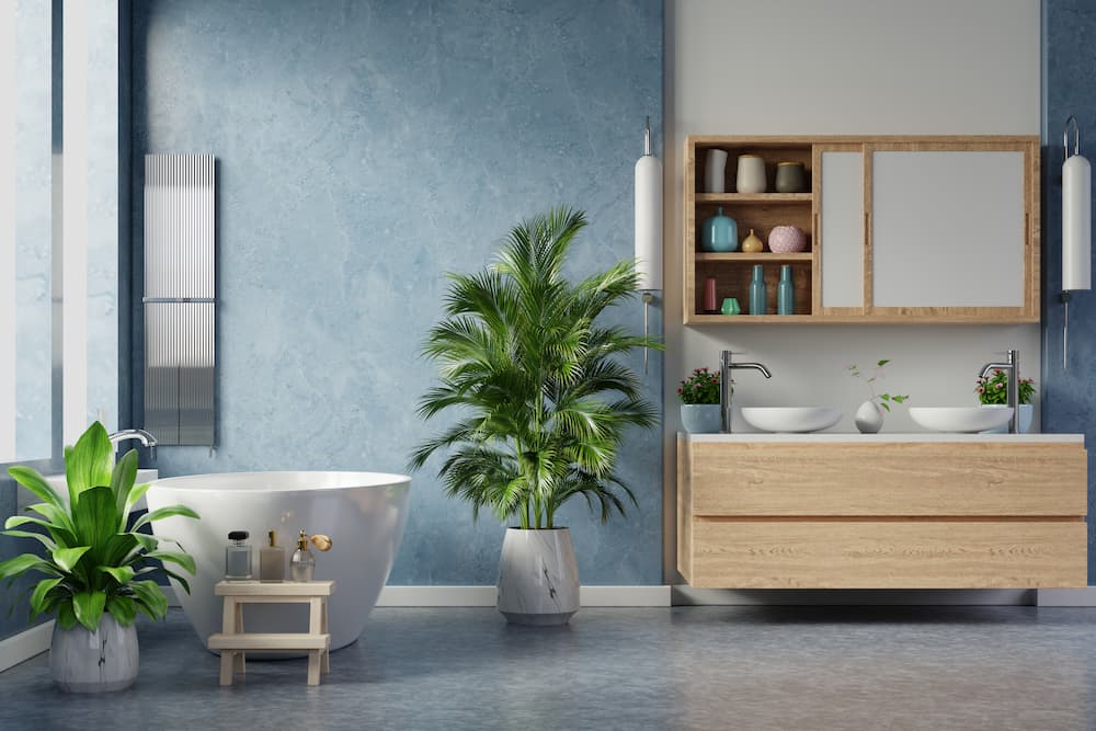 Salle de bain moderne peinture murs bleu grisé et blanc bois clair plantes vertes ambiance fraîche