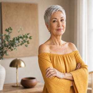 Femme élégante à 70 ans en robe moutarde et coupe courte argentée, intérieur lumineux