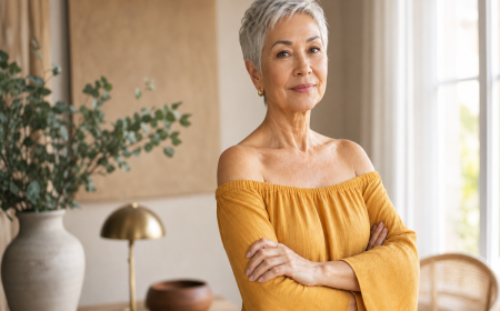 Femme élégante à 70 ans en robe moutarde et coupe courte argentée, intérieur lumineux
