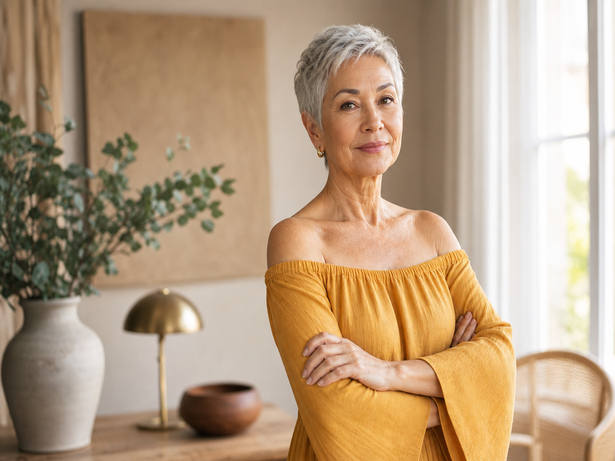 Femme élégante à 70 ans en robe moutarde et coupe courte argentée, intérieur lumineux
