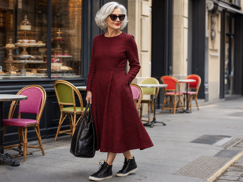 comment être élégante à 70 ans femme tenue automne robe longue tendance