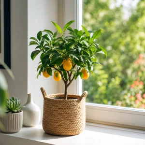 Citronnier en pot sur rebord de fenêtre avec petits fruits oranges et jardin en arrière-plan