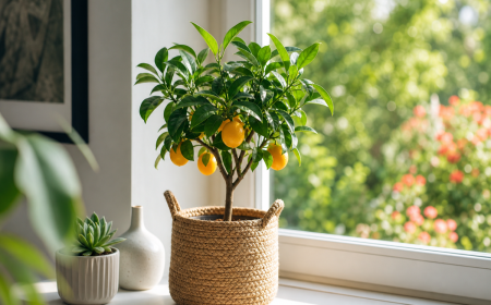 Citronnier en pot sur rebord de fenêtre avec petits fruits oranges et jardin en arrière-plan