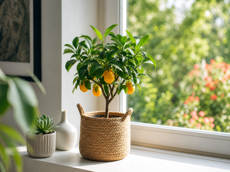 Citronnier en pot sur rebord de fenêtre avec petits fruits oranges et jardin en arrière-plan