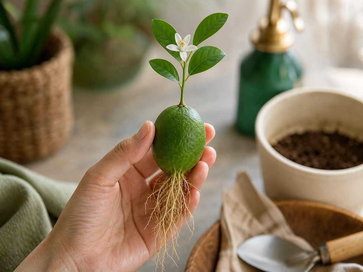 Main tenant un citron germé avec racines et petite fleur blanche - planter un agrume depuis le fruit