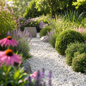 Allée de jardin en cailloux blancs ronds bordée de lavande, échinacée rose et graminées ornementales