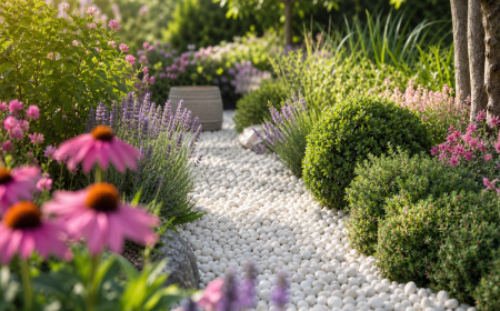Allée de jardin en cailloux blancs ronds bordée de lavande, échinacée rose et graminées ornementales