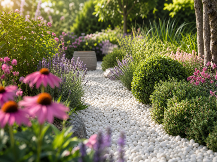 Allée de jardin en cailloux blancs ronds bordée de lavande, échinacée rose et graminées ornementales