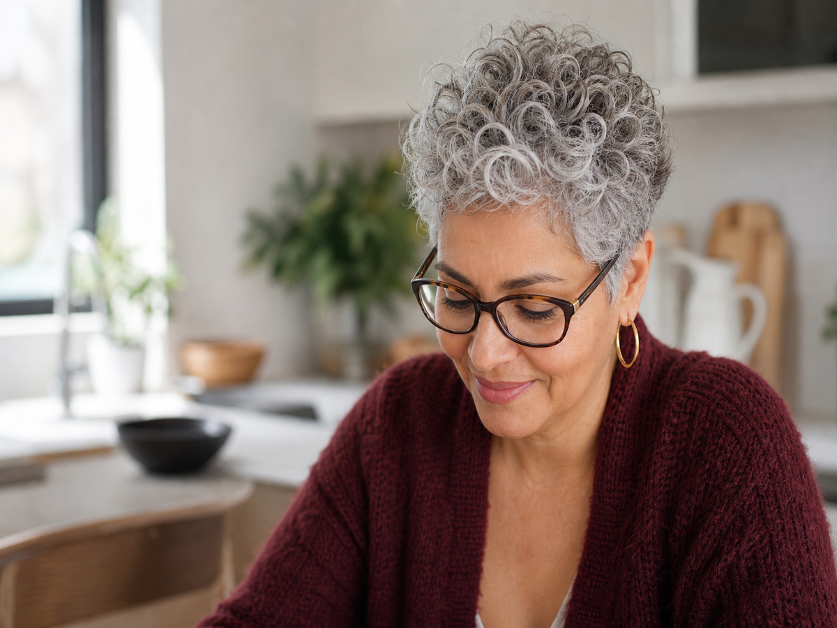 idée coiffure coupe cheveux courts blancs frisés femme 50 ans 2023 avec lunettes pixie cut sel et poivre