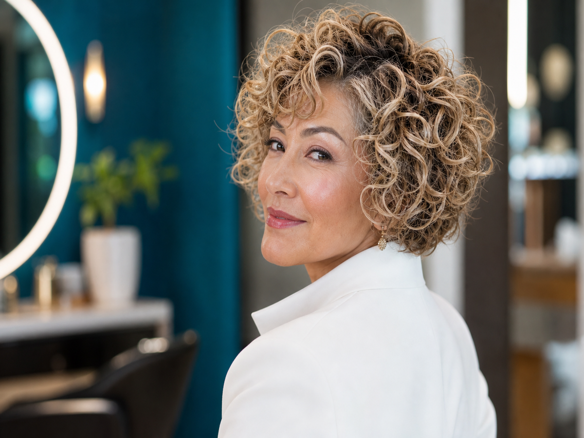 quelle coupe courte cheveux frisés 50 ans bouclés carré dégradé blond bouclé visage ovale rond femme coiffure anti age