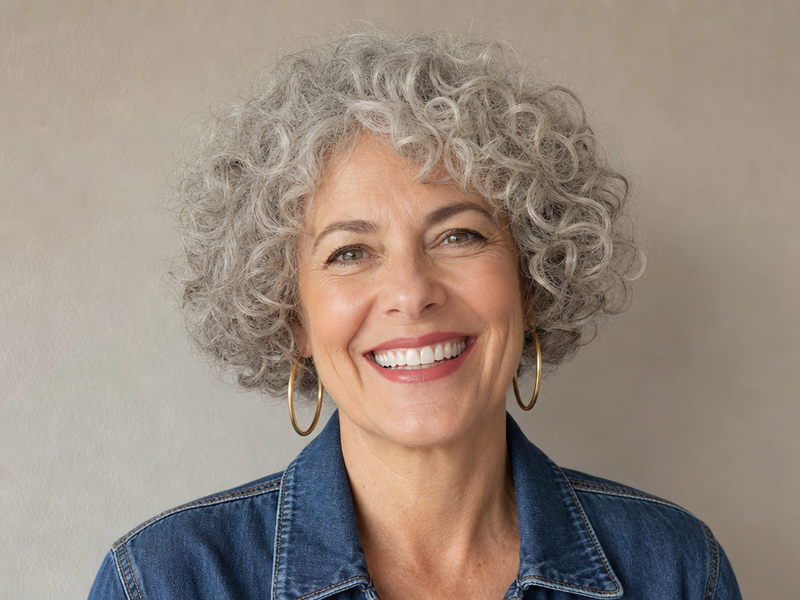 carré dégradé bouclé cheveux blancs fins coiffure cheveux frisés femme 50 ans visage ovale allongé