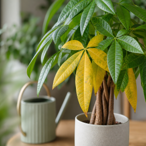 Pachira aquatica aux feuilles jaunes et vertes contrastées, symptôme d'un excès d'eau, tiges tressées visibles