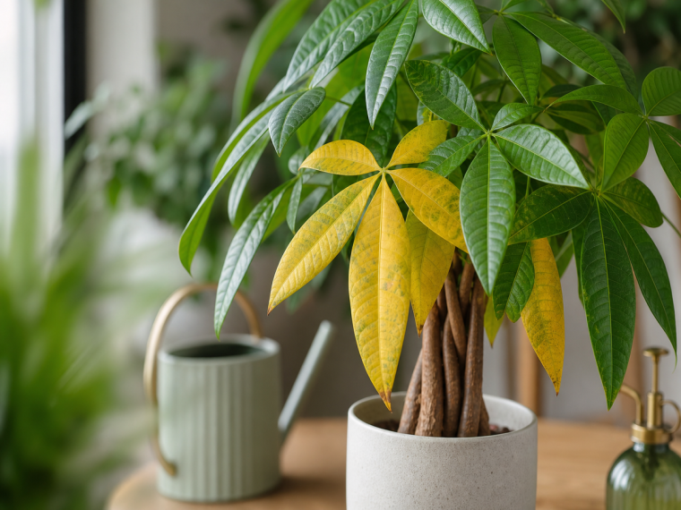 Pachira aquatica aux feuilles jaunes et vertes contrastées, symptôme d'un excès d'eau, tiges tressées visibles