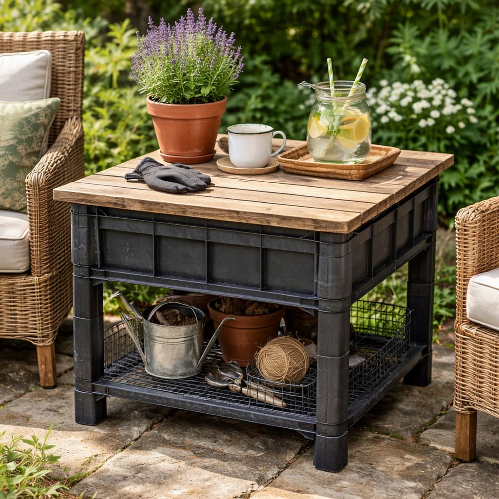 idées créatives zéro déchet avec contenants plastiques table d'appoint jardin diy