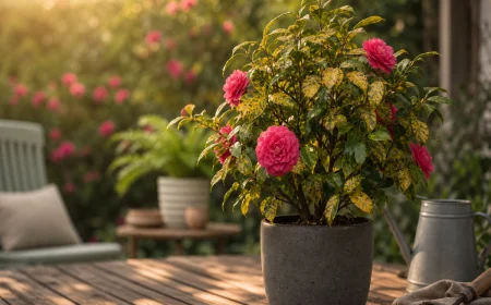 Camélia en pot avec fleurs roses et feuilles jaunissantes — signes de chlorose