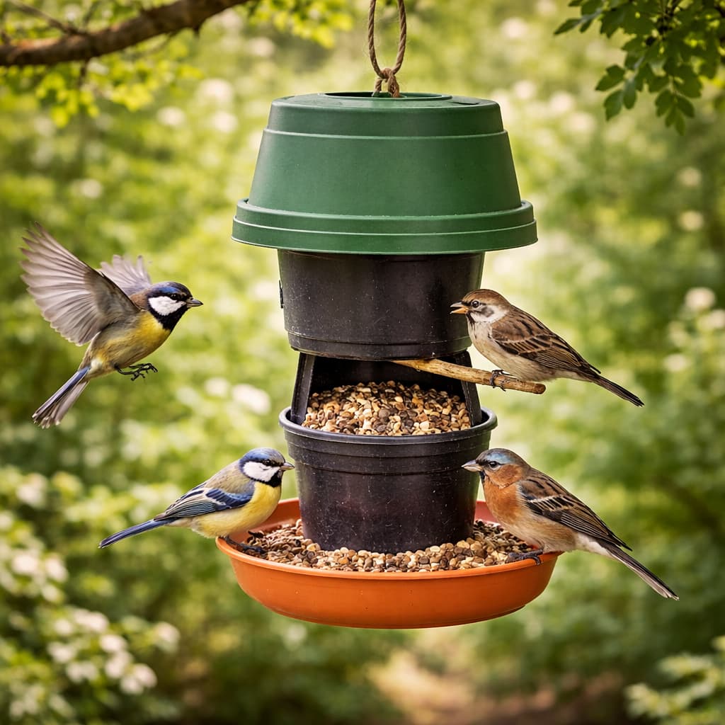 réutiliser des vieux pots en plastique pour le jardin mangeoire à oiseaux diy