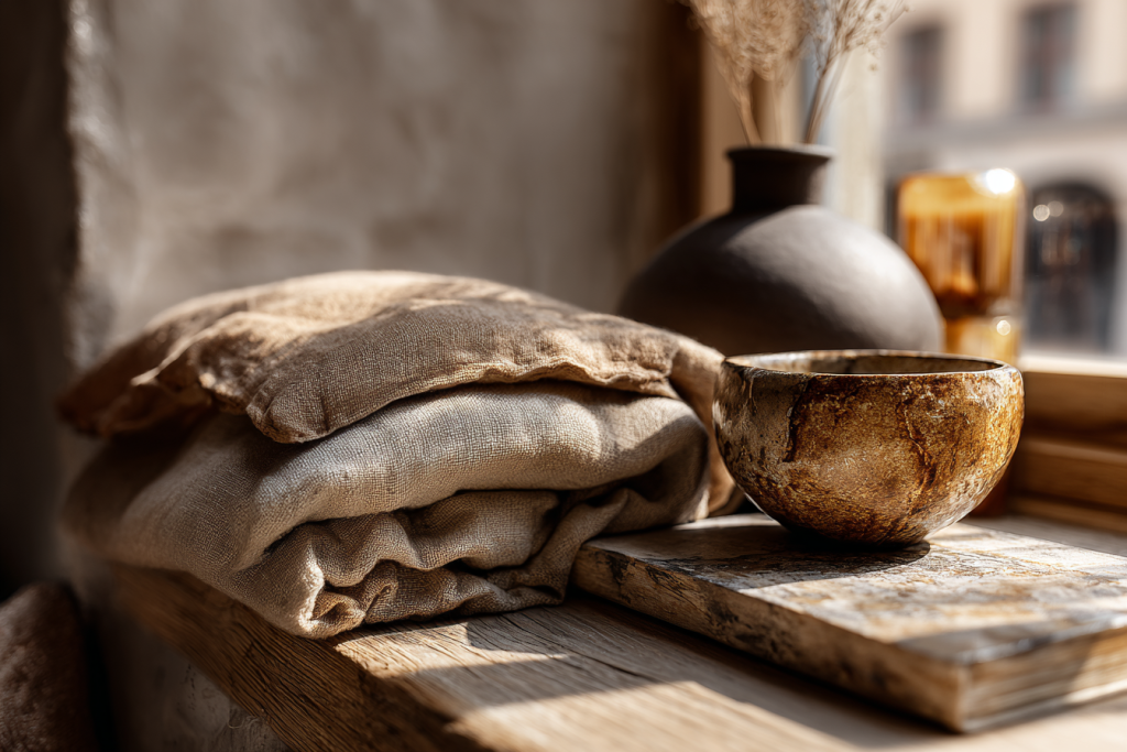 Décoration intérieure avec matières naturelles, bois, lin et céramique