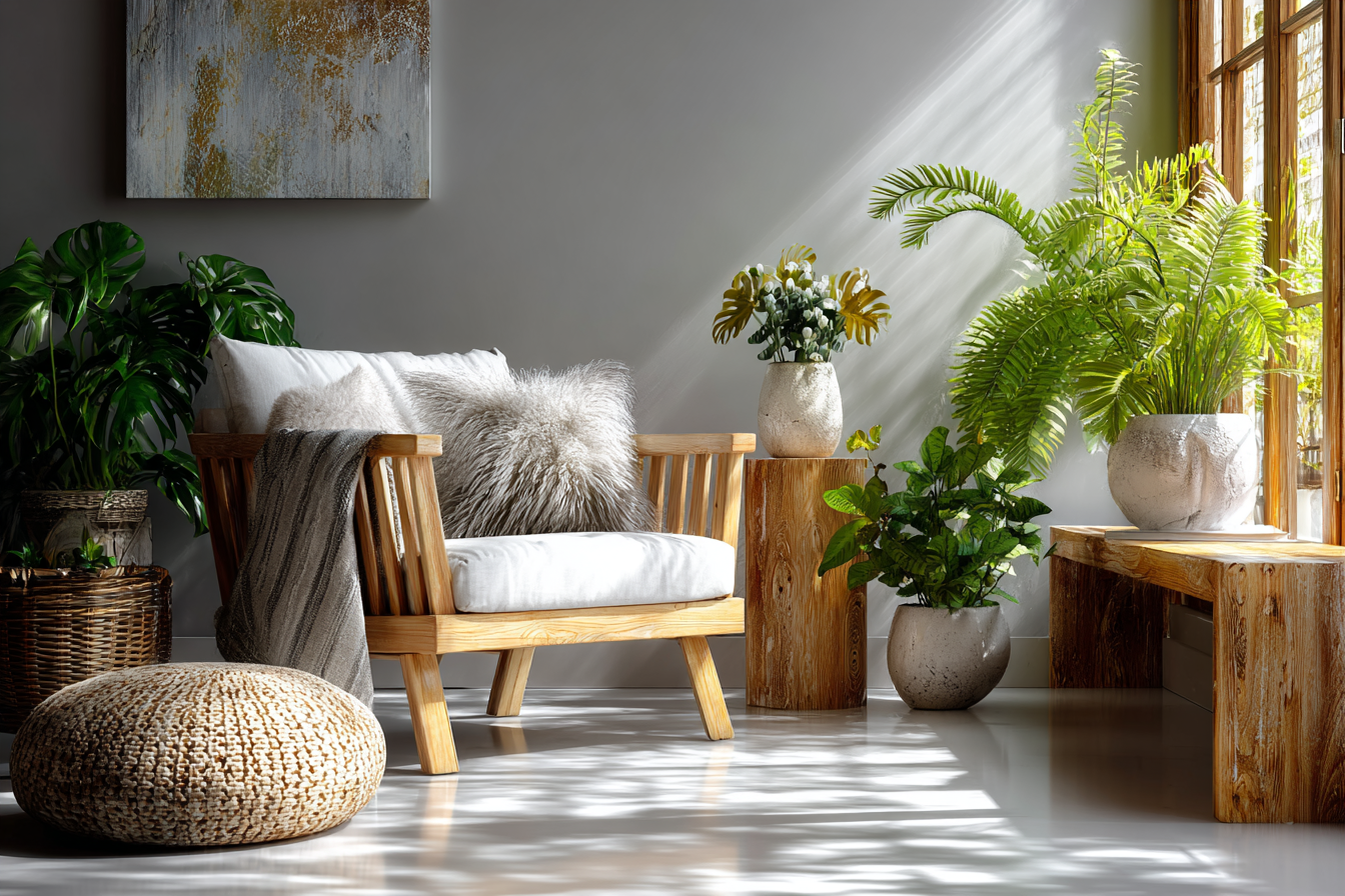 Plantes d’intérieur dans un salon lumineux et naturel