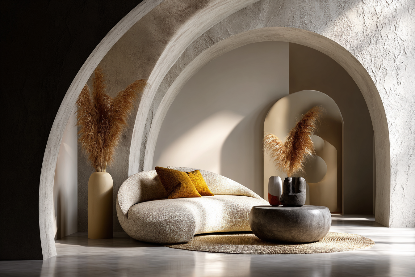 Salon moderne avec formes arrondies et mobilier organique