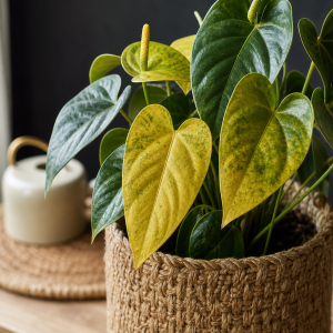 Anthurium aux feuilles jaunissantes en pot tressé sur fond sombre