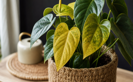 Anthurium aux feuilles jaunissantes en pot tressé sur fond sombre