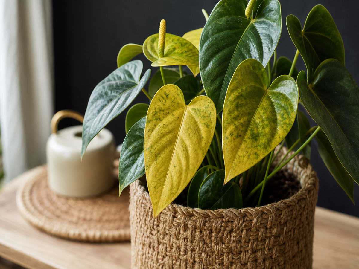 Anthurium aux feuilles jaunissantes en pot tressé sur fond sombre
