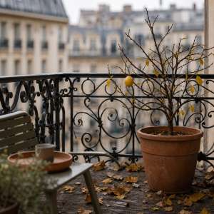 Citronnier en pot qui perd ses feuilles sur un balcon parisien avec feuilles tombées au sol
