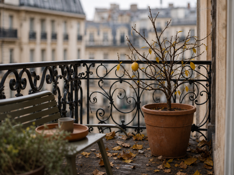 Citronnier en pot qui perd ses feuilles sur un balcon parisien avec feuilles tombées au sol