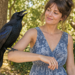 Femme tenant un corbeau apprivoisé sur son avant-bras dans un jardin ensoleillé en été