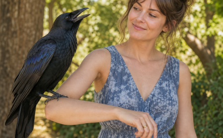 Femme tenant un corbeau apprivoisé sur son avant-bras dans un jardin ensoleillé en été
