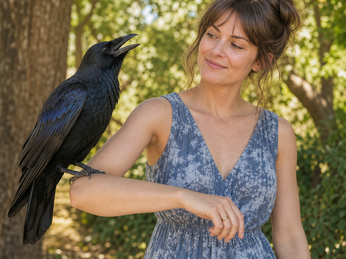 Femme tenant un corbeau apprivoisé sur son avant-bras dans un jardin ensoleillé en été