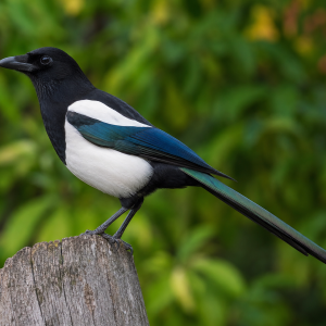 Pie bavarde perchée sur une souche en bois, plumage irisé bleu-vert brillant dans le jardin