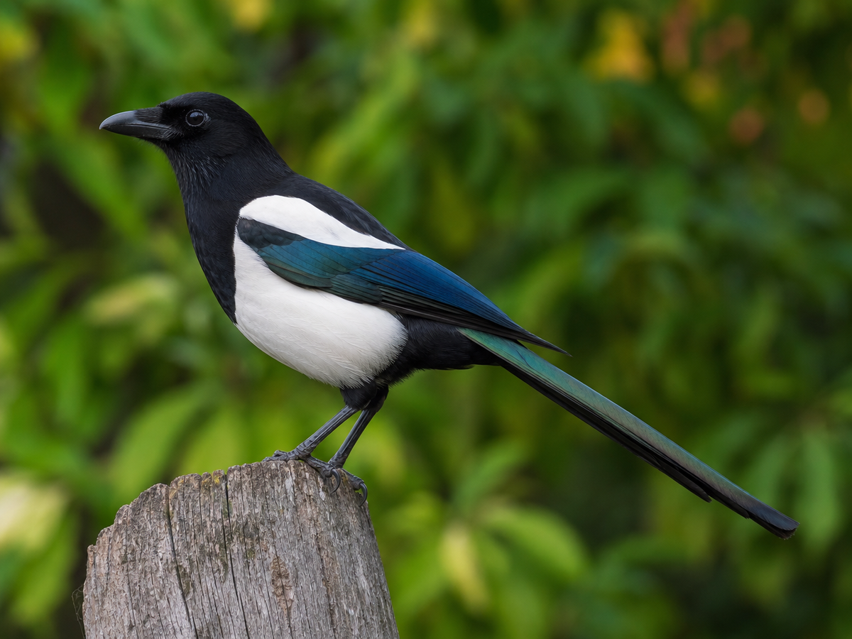 Pie bavarde perchée sur une souche en bois, plumage irisé bleu-vert brillant dans le jardin