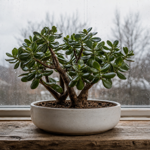 Arbre de jade Crassula ovata en pot blanc sur rebord de fenêtre