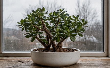 Arbre de jade Crassula ovata en pot blanc sur rebord de fenêtre