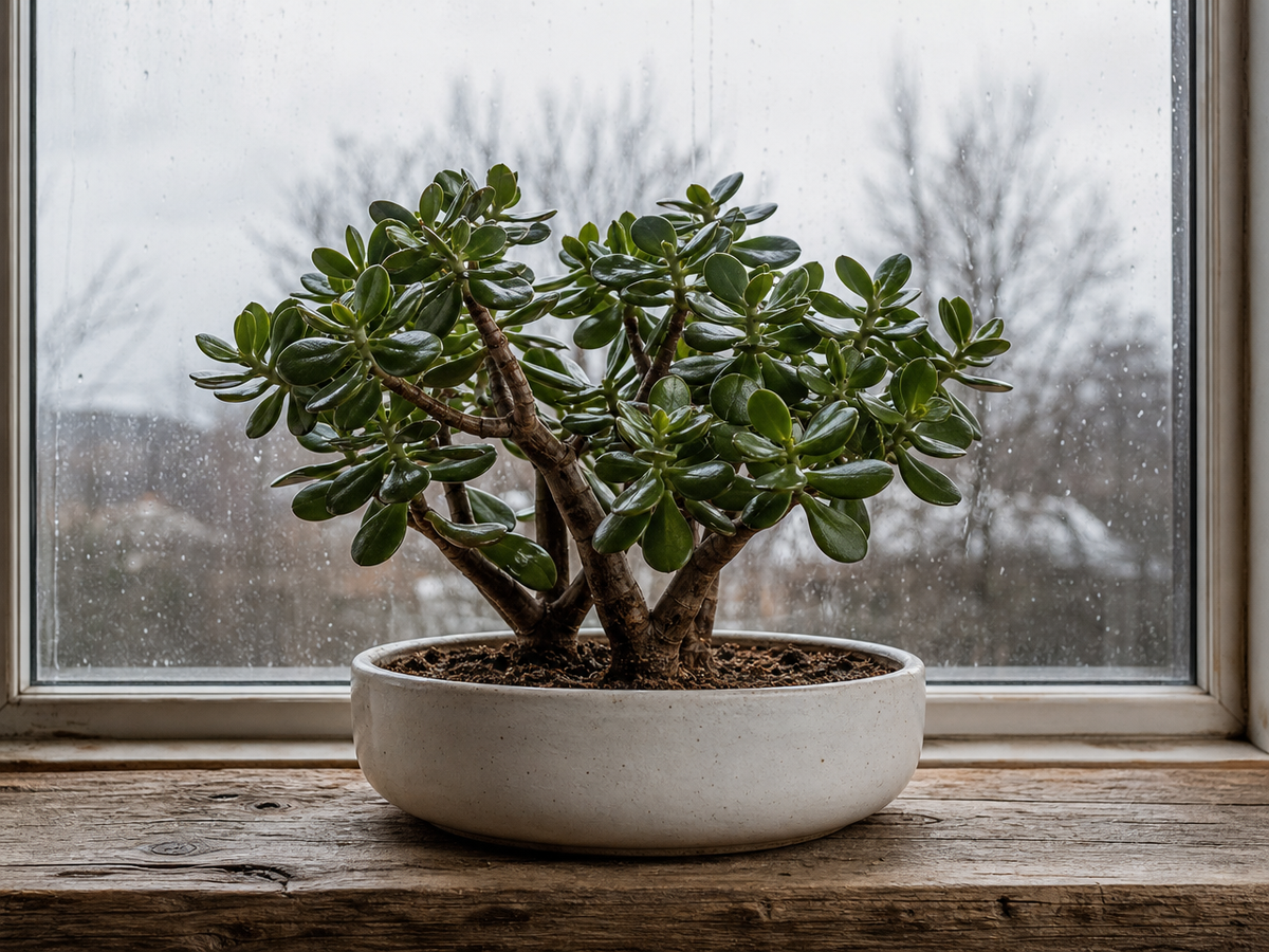Arbre de jade Crassula ovata en pot blanc sur rebord de fenêtre