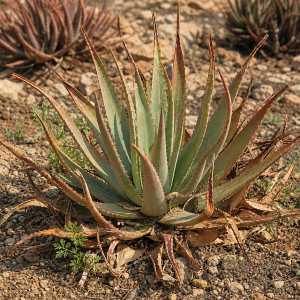 Aloe vera assoiffé aux feuilles brunes et desséchées dans un sol sec à l'extérieur