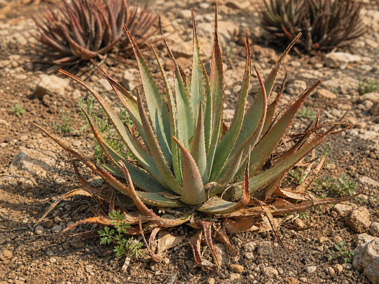 Aloe vera assoiffé aux feuilles brunes et desséchées dans un sol sec à l'extérieur